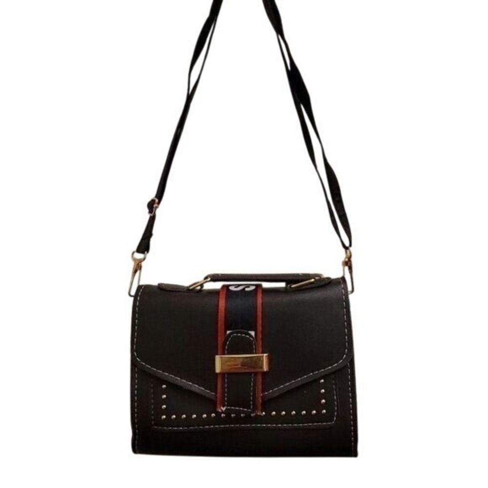 Black Faux Leather Crossbody Bag Studded Accent Stripe Detail Gold Hardware